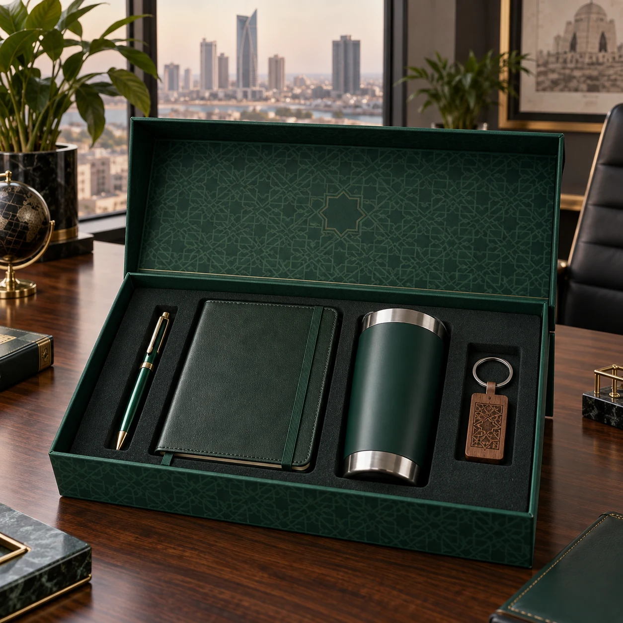 Premium emerald corporate gift box with office accessories