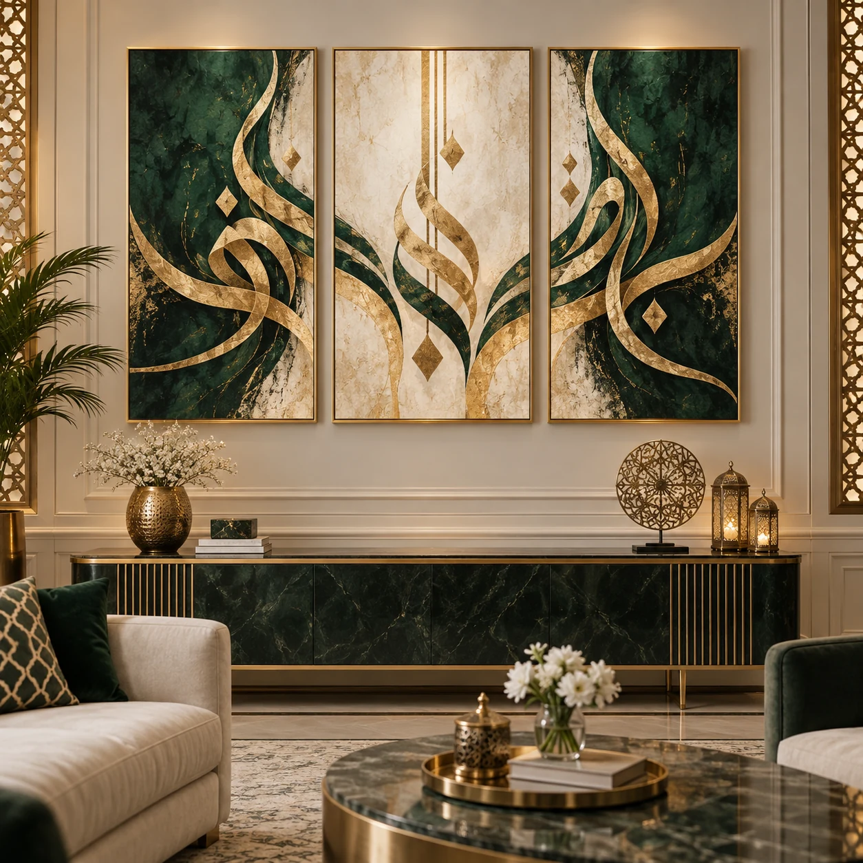 Emerald and gold Islamic-inspired wall art triptych