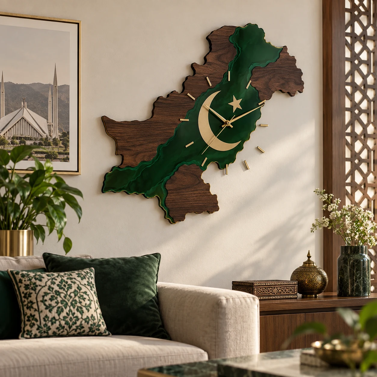 Pakistan map wall clock in wood and green acrylic