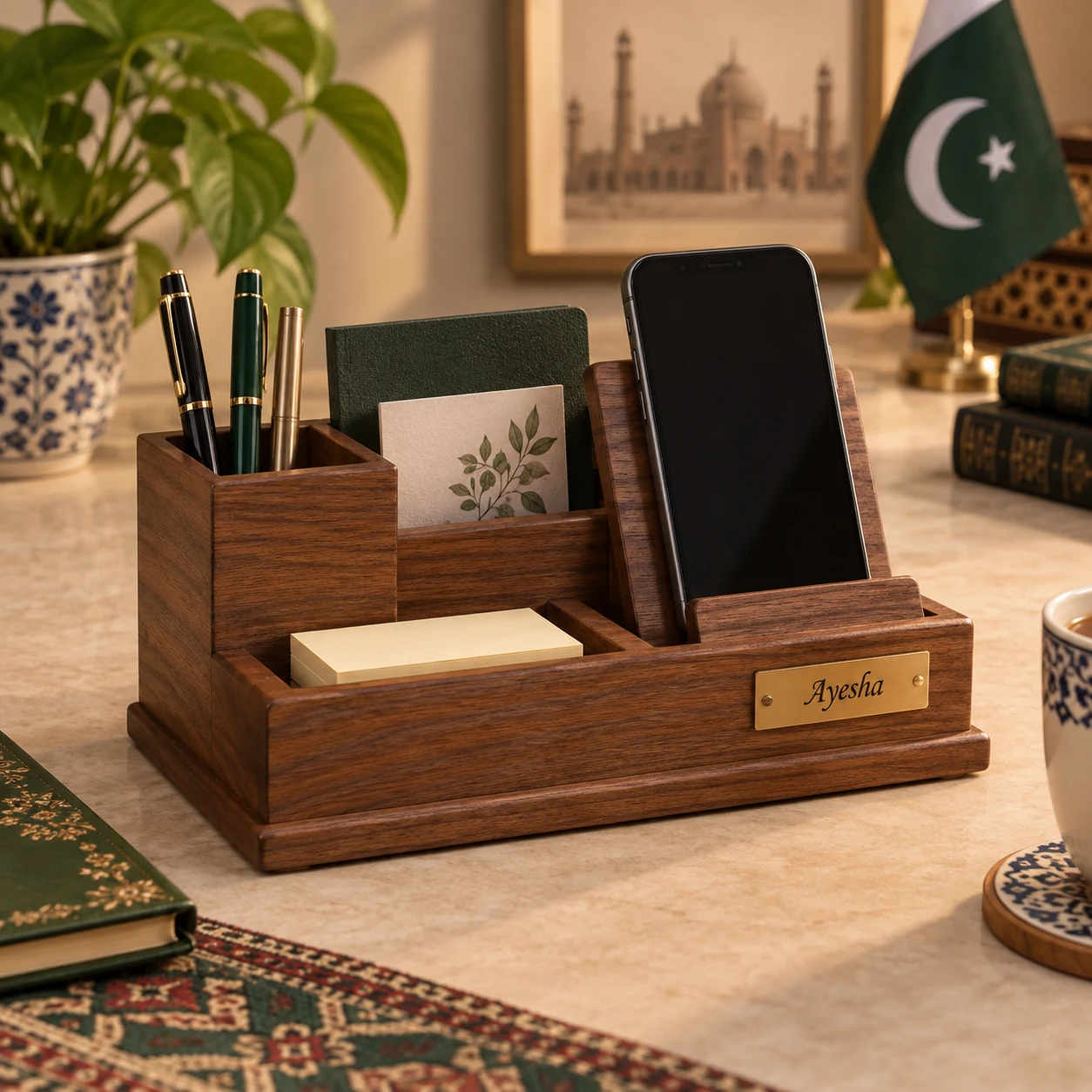 Personalized walnut desk organizer with phone stand and nameplate