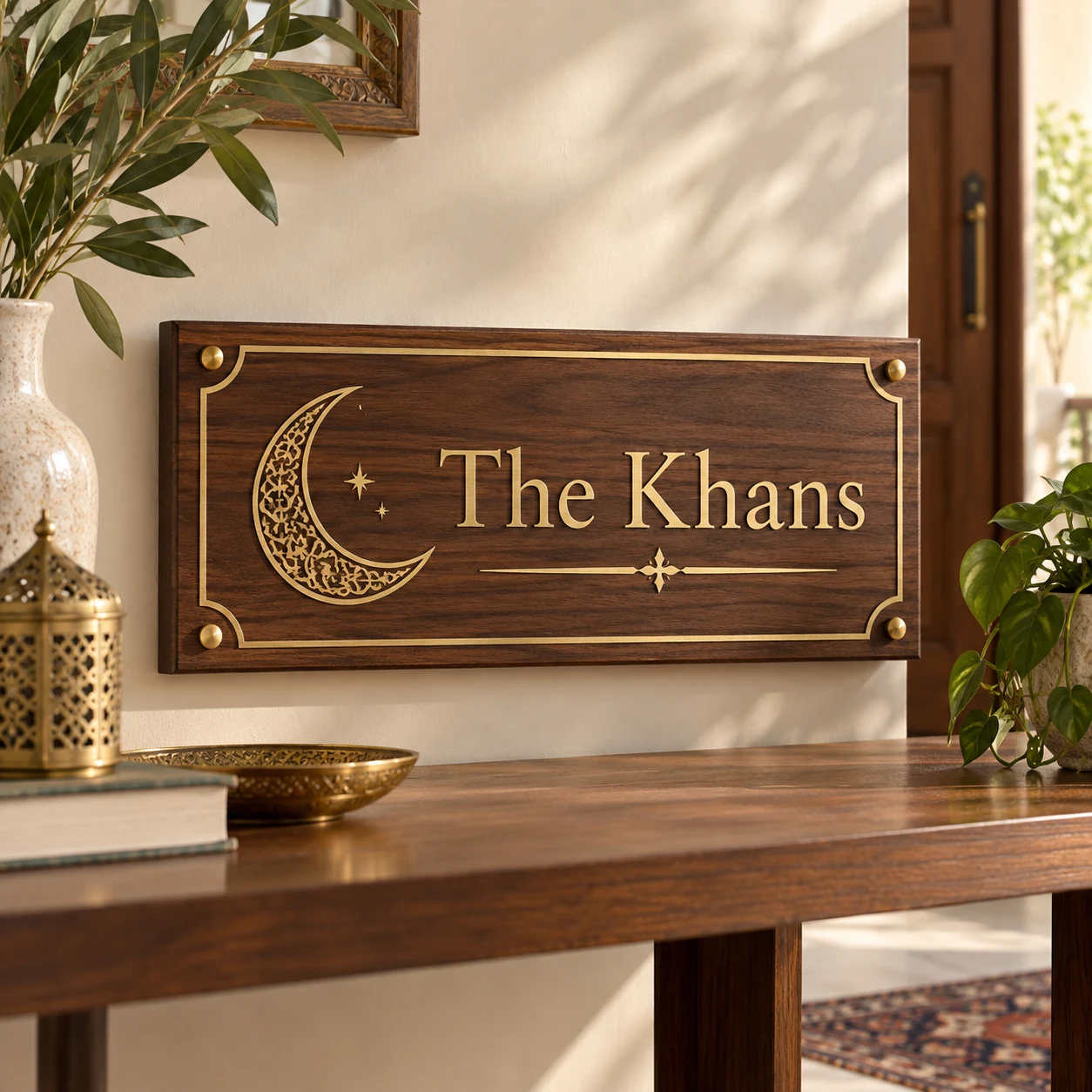 Personalized walnut and brass family name plate