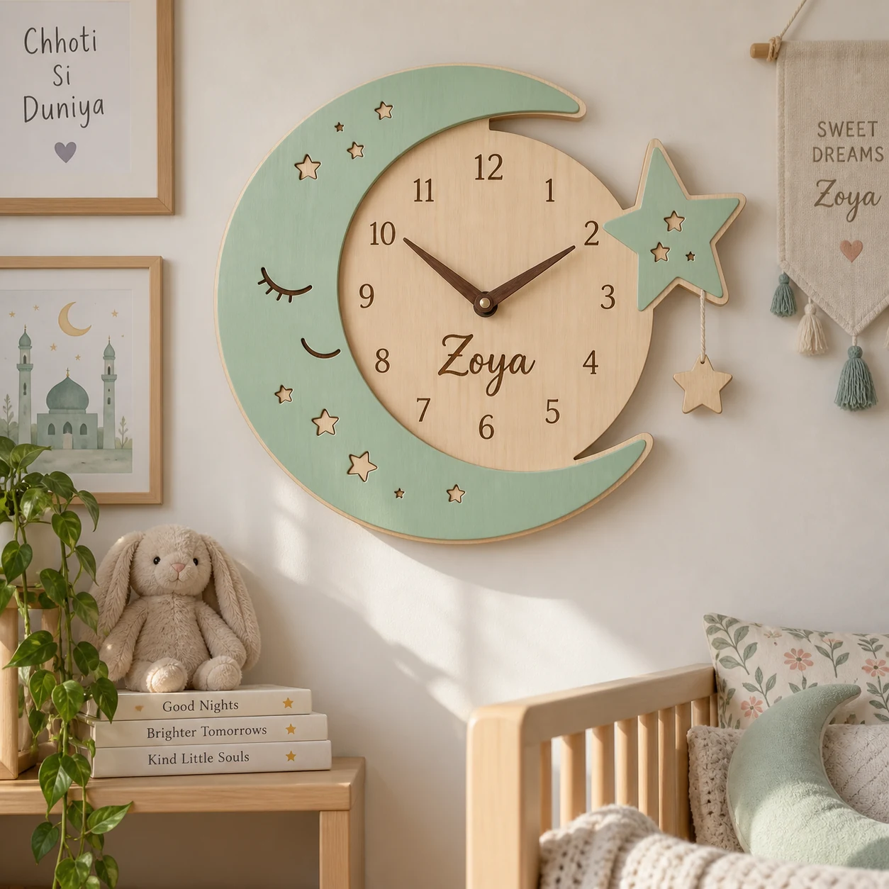 Personalized crescent and star nursery wall clock